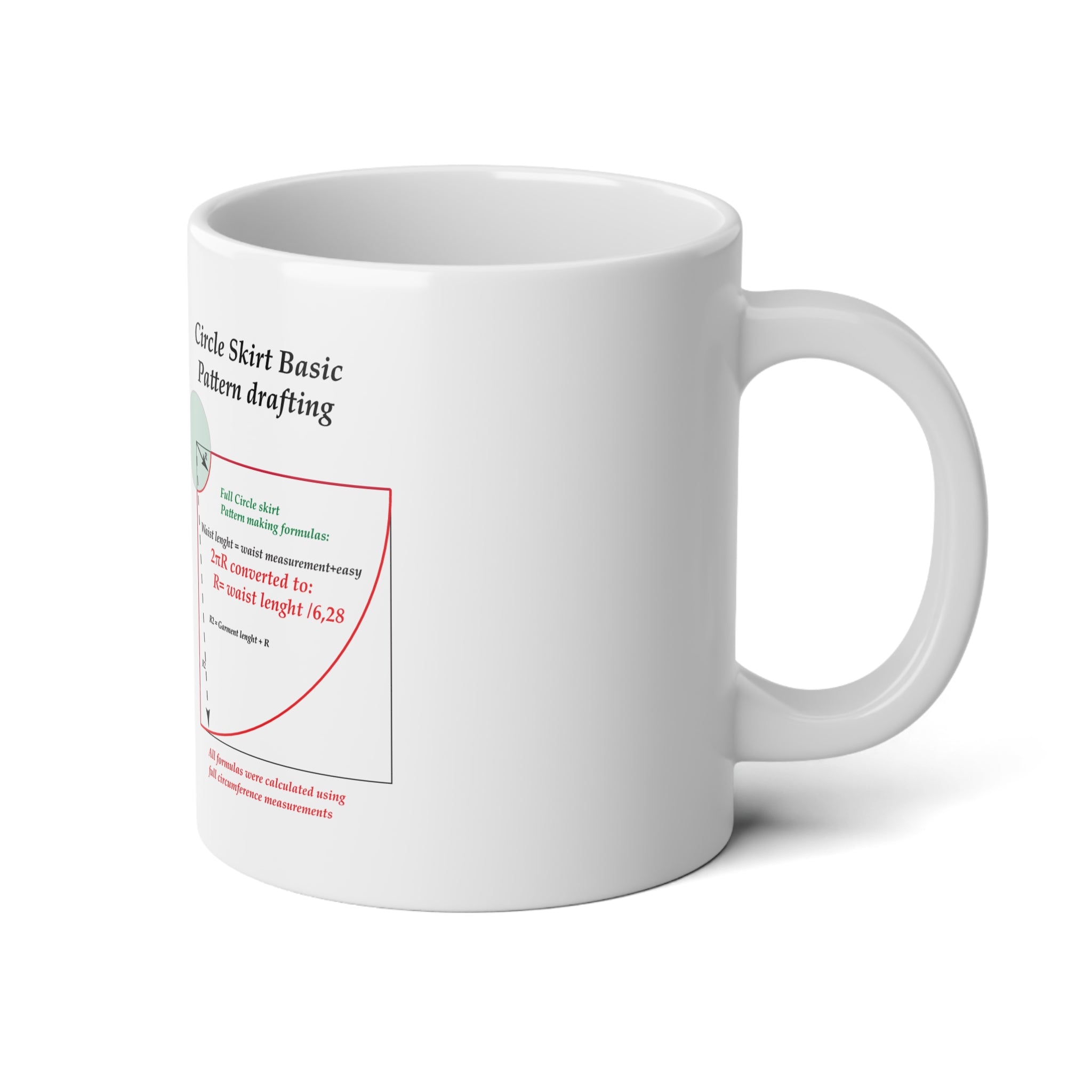King size Sewing mug - Circle Skirt drafting cheat-sheet, size 20oz (600ml), English