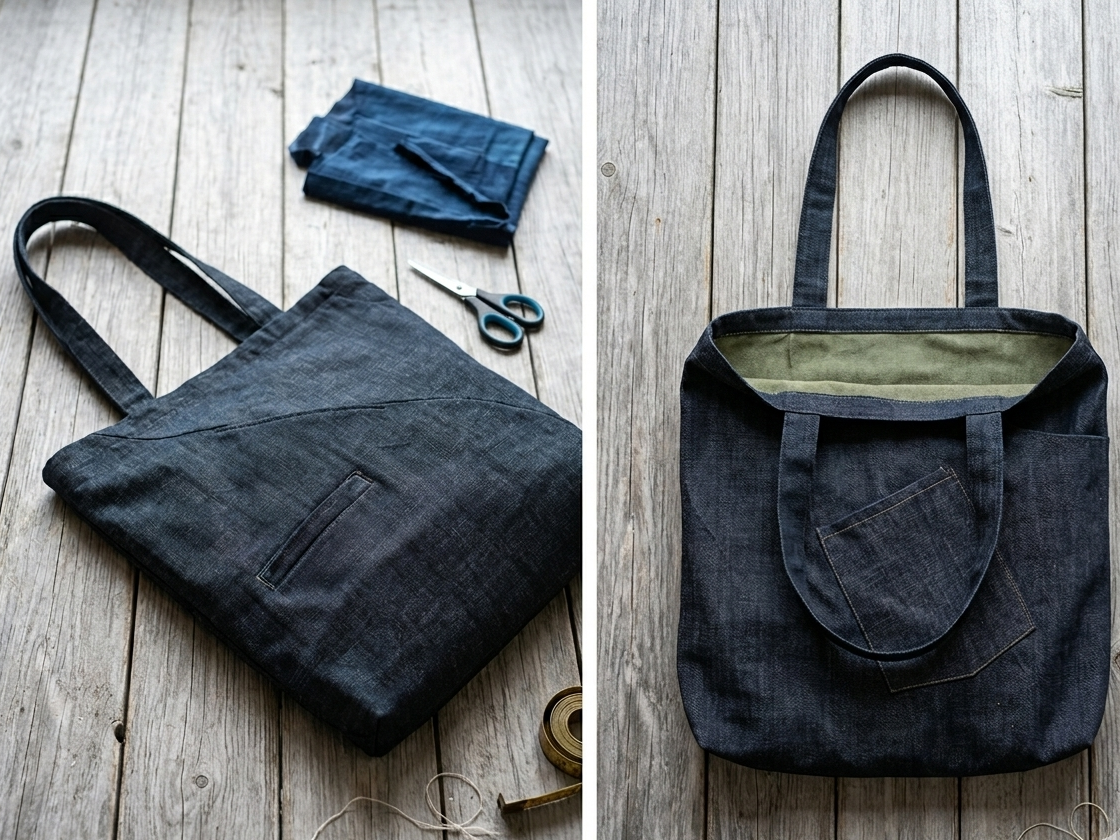 Black tote bag on a wooden surface with sewing tools.