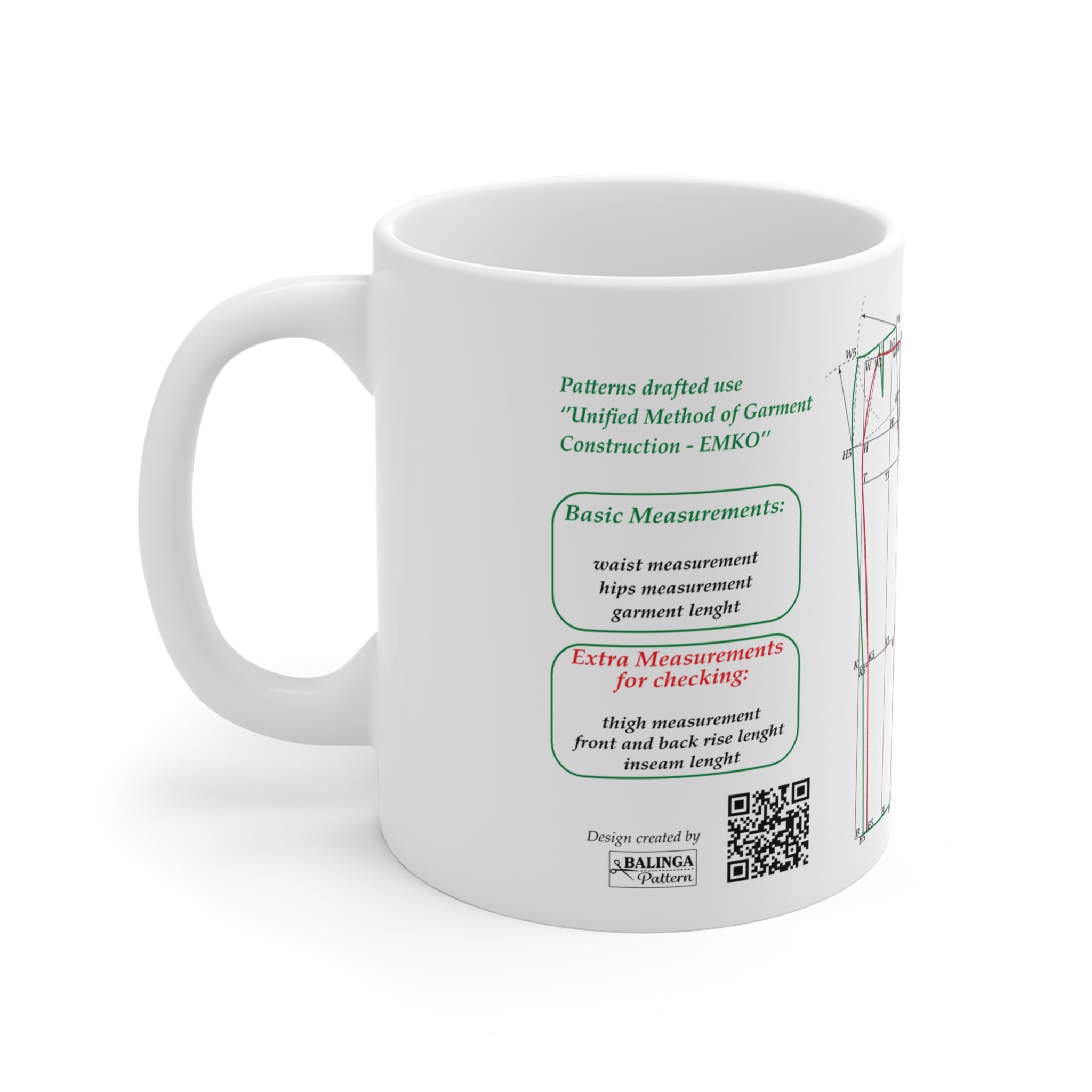 Sewing mug - Women pants drafting cheat-sheet, size 11oz (330ml), English