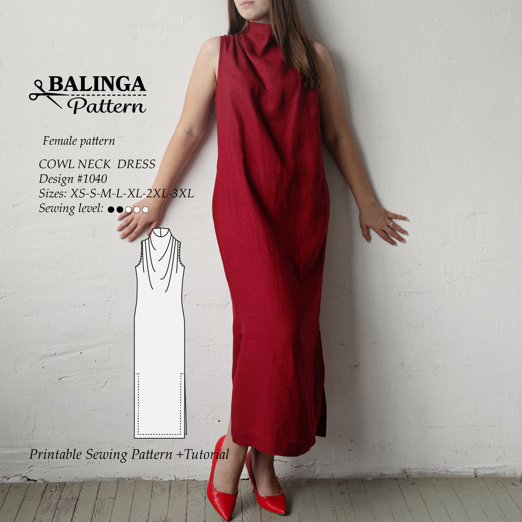 Summer Maxi Dress Sewing Pattern: Cowl Neck, Sleeveless, Sizes XS-3XL (PDF Download)