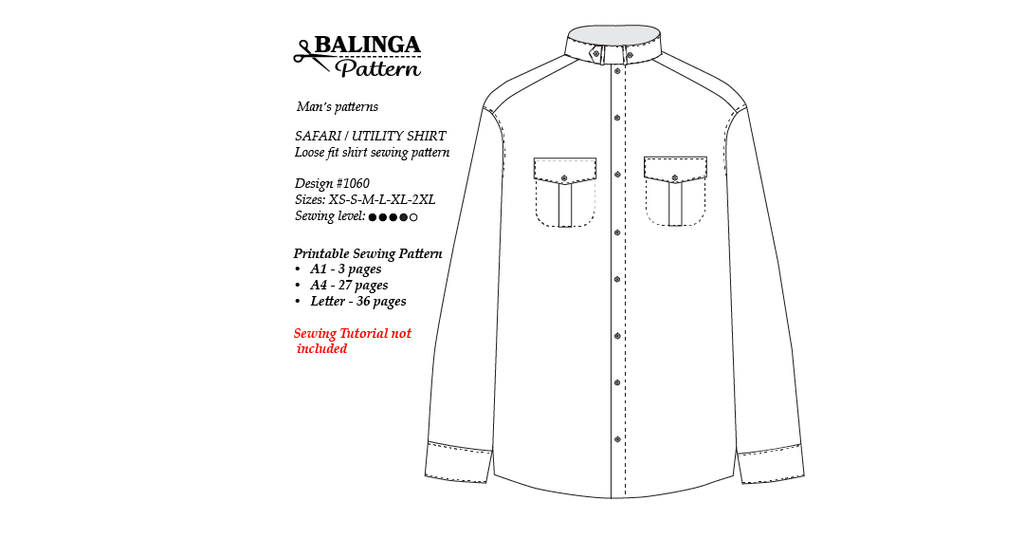 Safari / Utility Men's Loose Fit Shirt Sewing Pattern - XS to 2XL Sizes