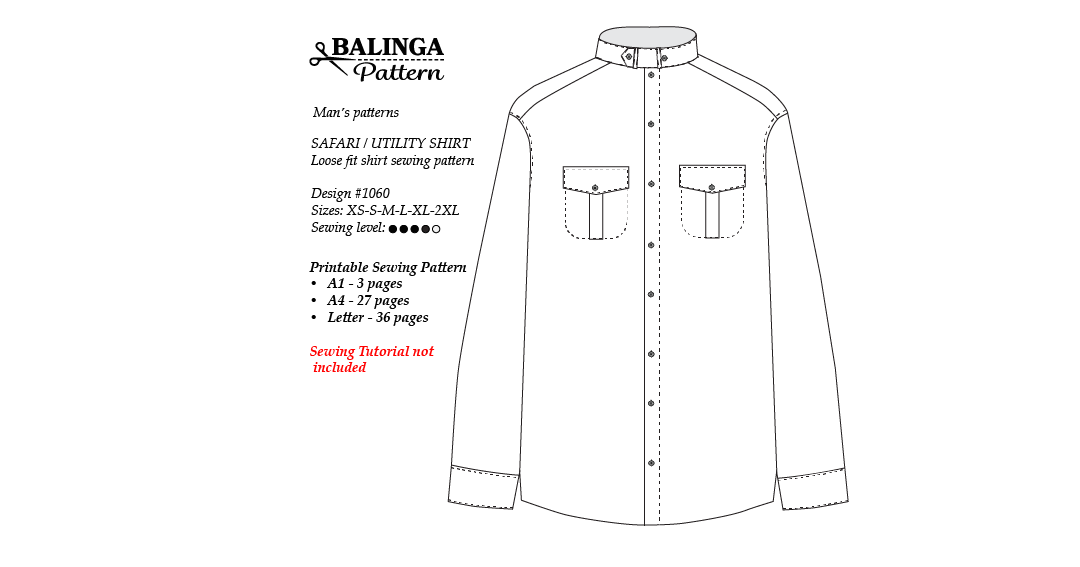 Safari / Utility Men's Loose Fit Shirt Sewing Pattern - XS to 2XL Sizes