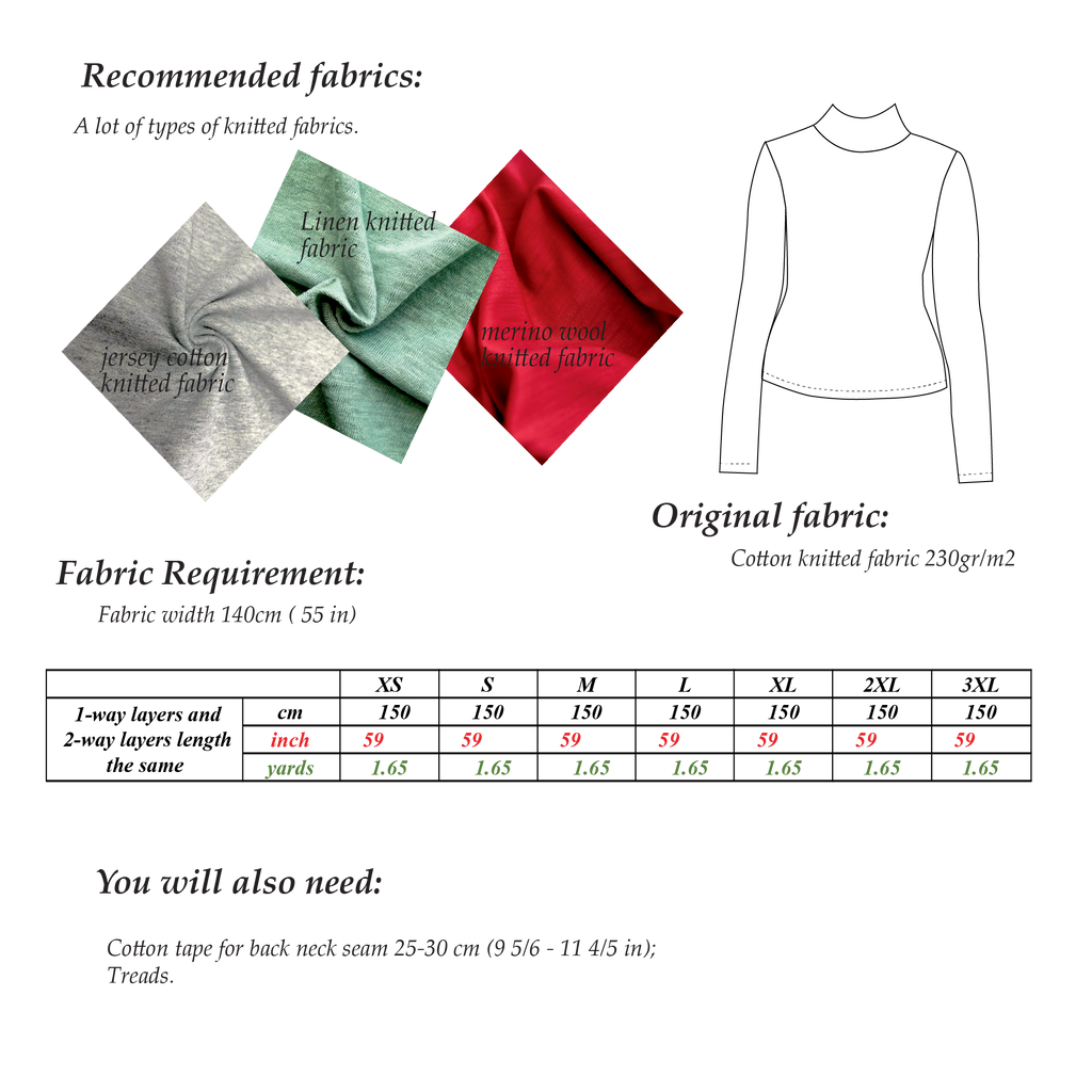 Turtleneck top sewing pattern | Sizes XS-3XL