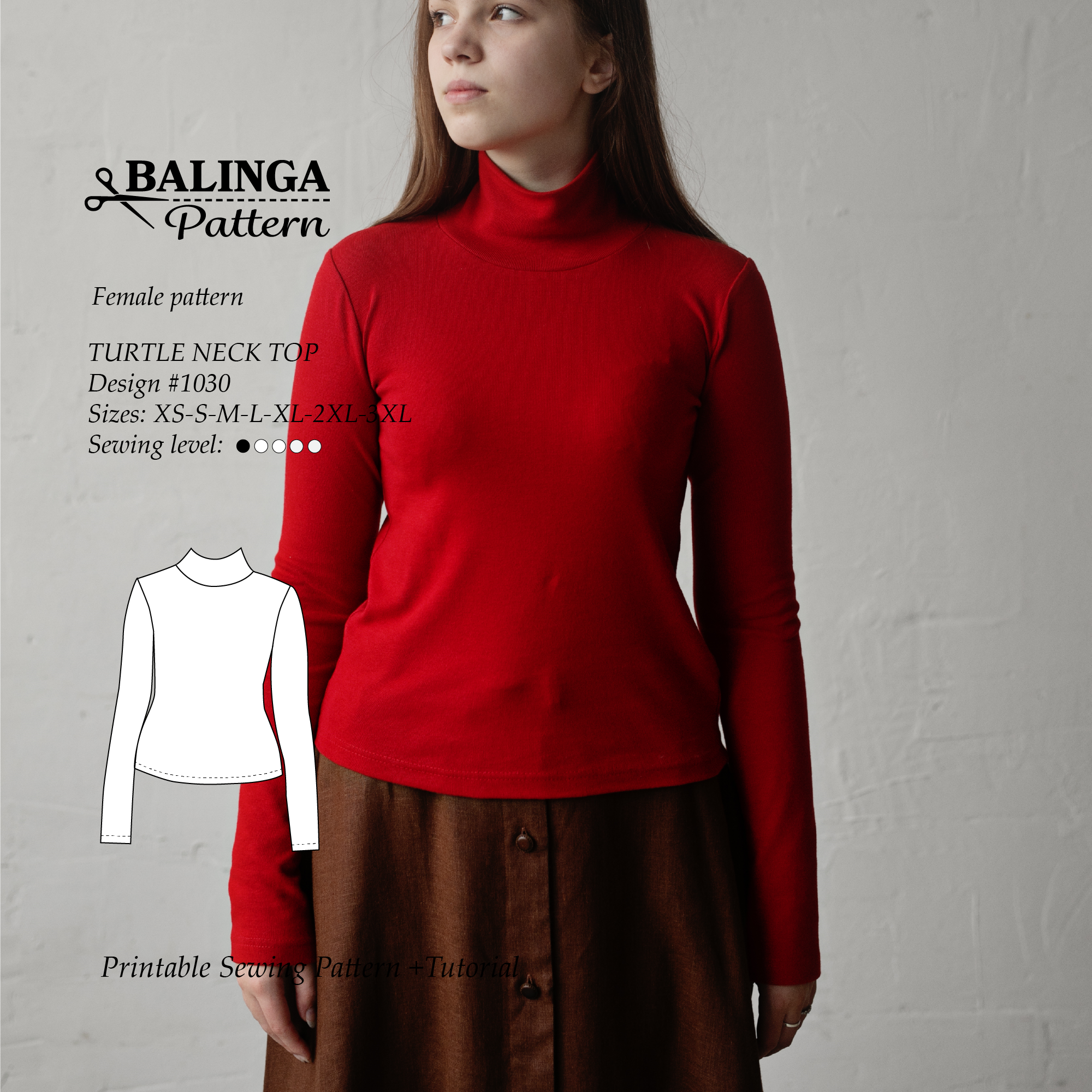 Turtleneck top sewing pattern | Sizes XS-3XL