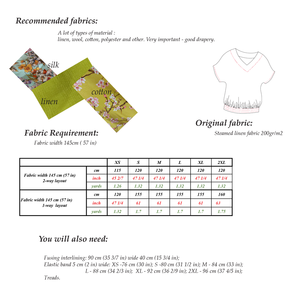 Easy Sewing Pattern for beginners - V-Neck Blouse  | Sizes XS-2XL