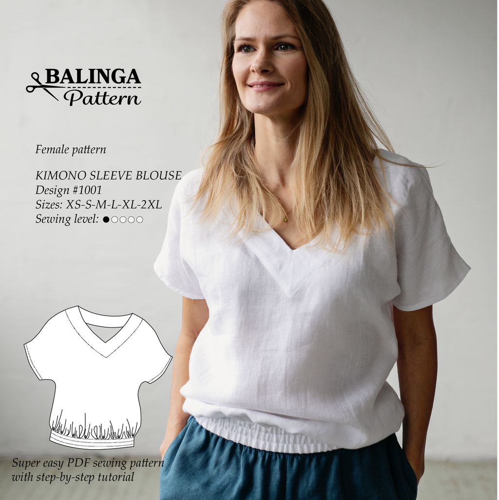 Easy Sewing Pattern for beginners - V-Neck Blouse  | Sizes XS-2XL