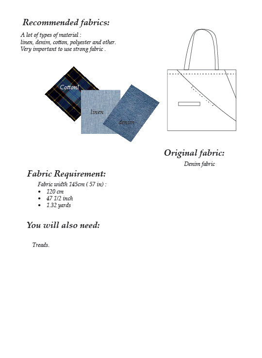 Textual guide on fabric requirements for a tote bag with images of denim and cotton fabric.