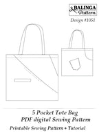 Sewing pattern for a 5-pocket tote bag with Balinga Pattern branding.