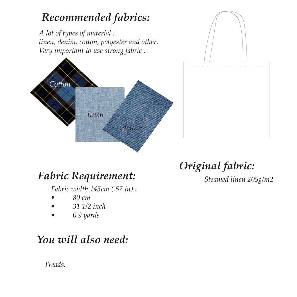 Fabric requirements for a tote bag with samples of linen, denim, and cotton.