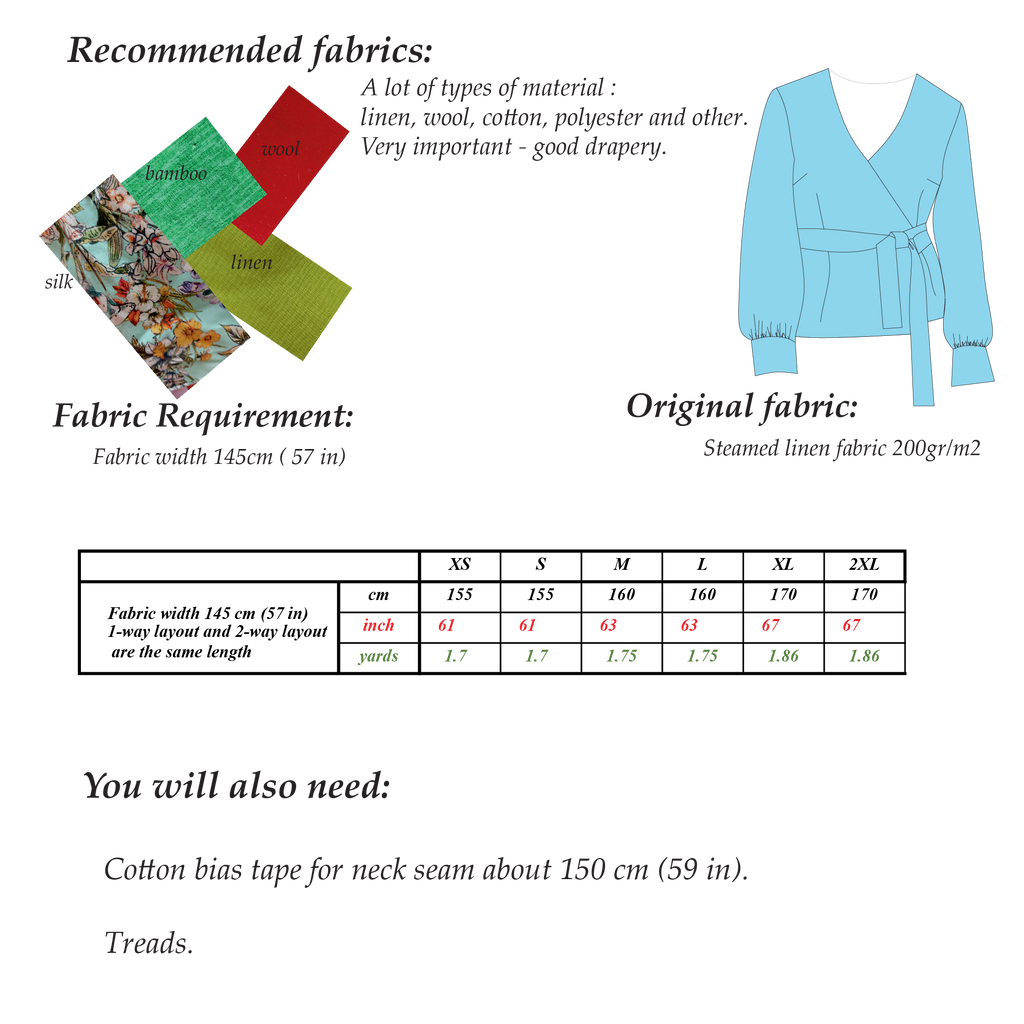 Wrap Blouse Sewing Pattern  | Sizes XS-2XL