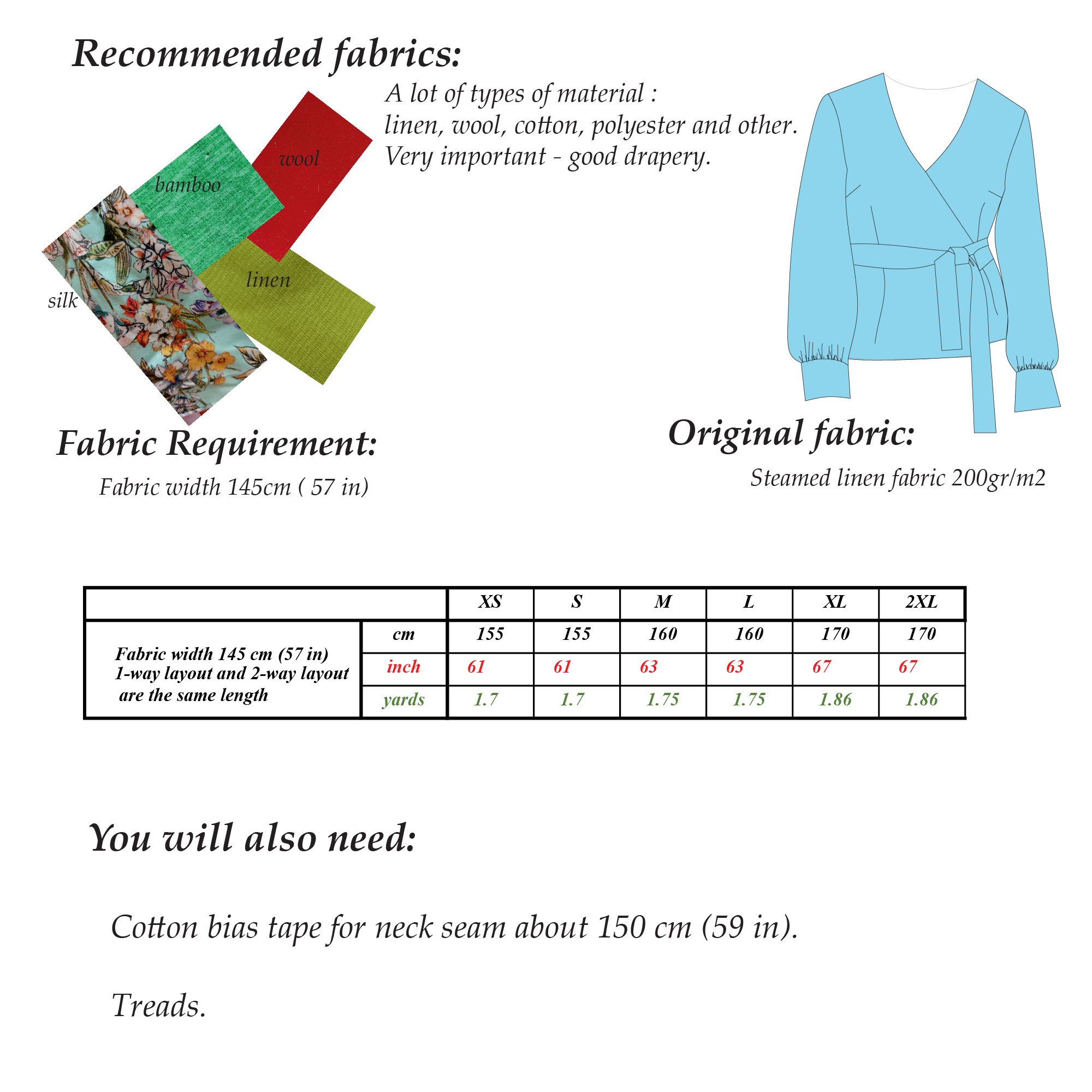 Wrap Blouse Sewing Pattern  | Sizes XS-2XL