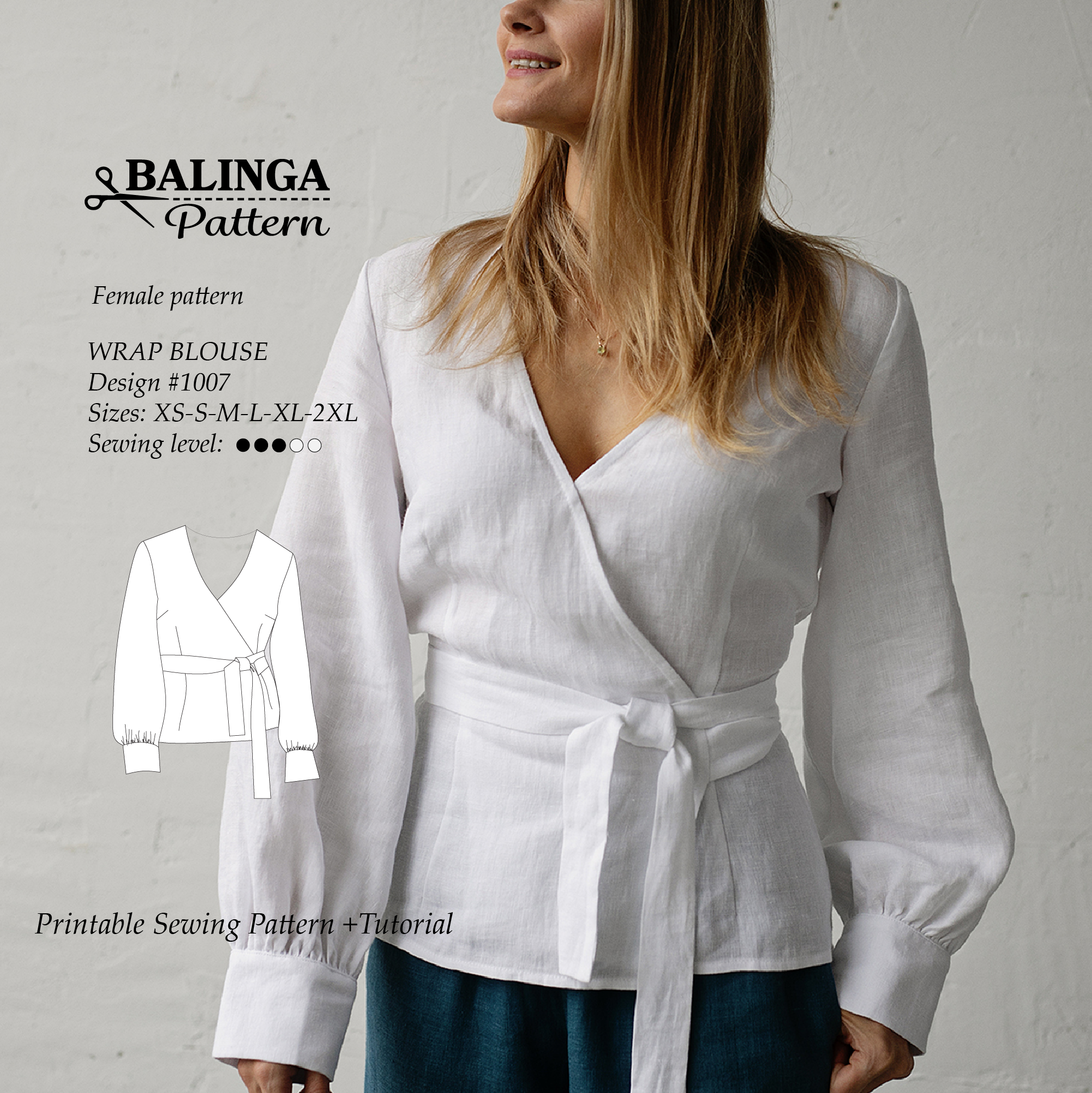 Wrap Blouse Sewing Pattern  | Sizes XS-2XL